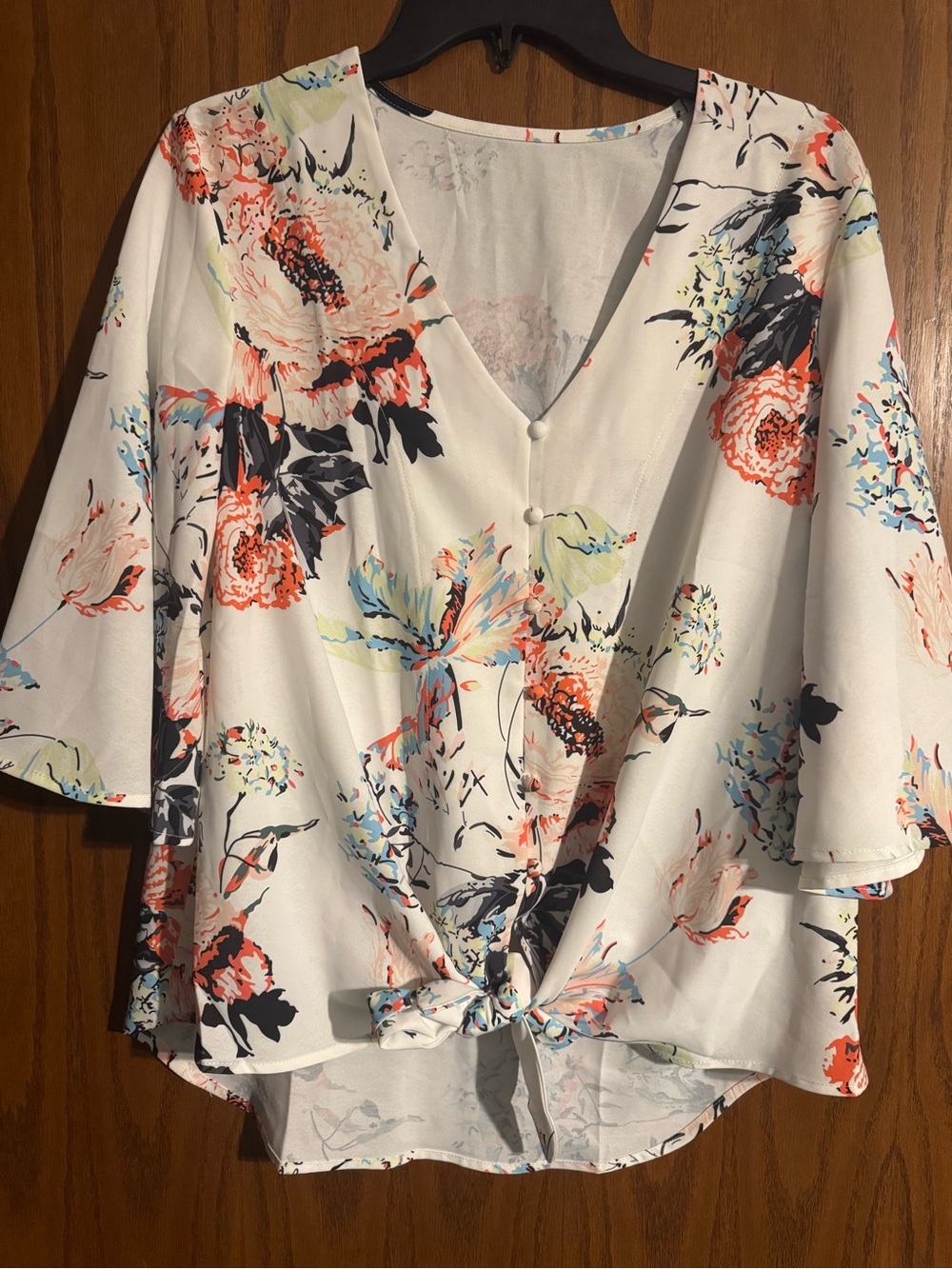 Tie-Front V-Neck Floral Blouse - White with Coral & Navy Accents